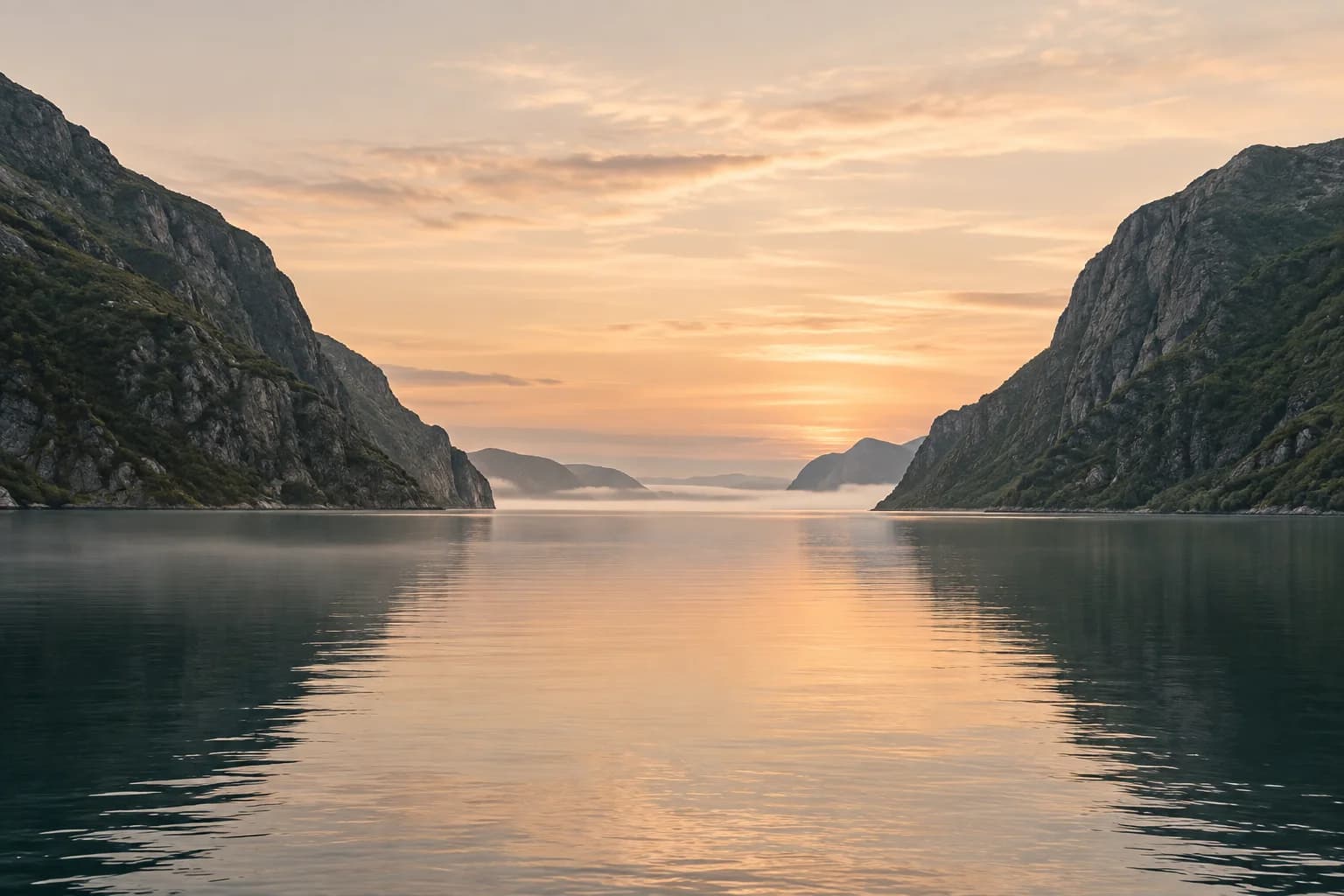 A calm fjord between green cliffs in soft peach morning light