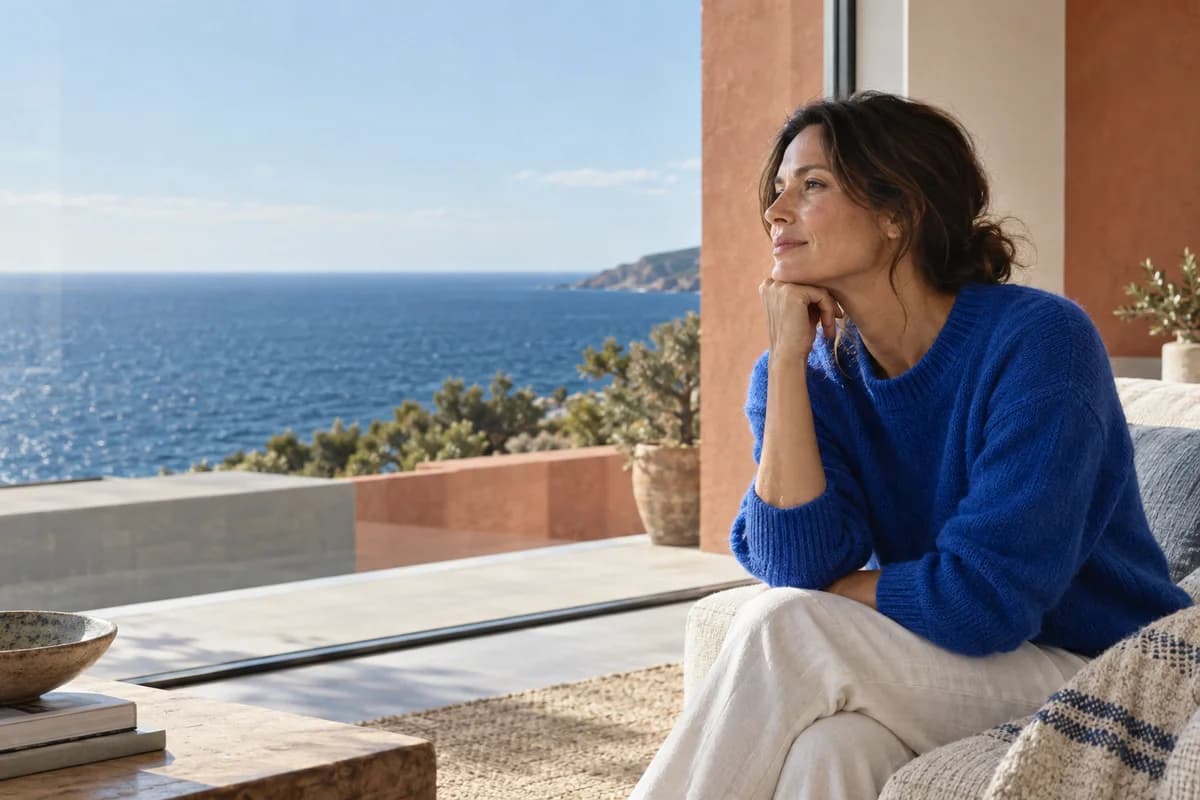 A woman looking out to sea from a sunlit coastal home
